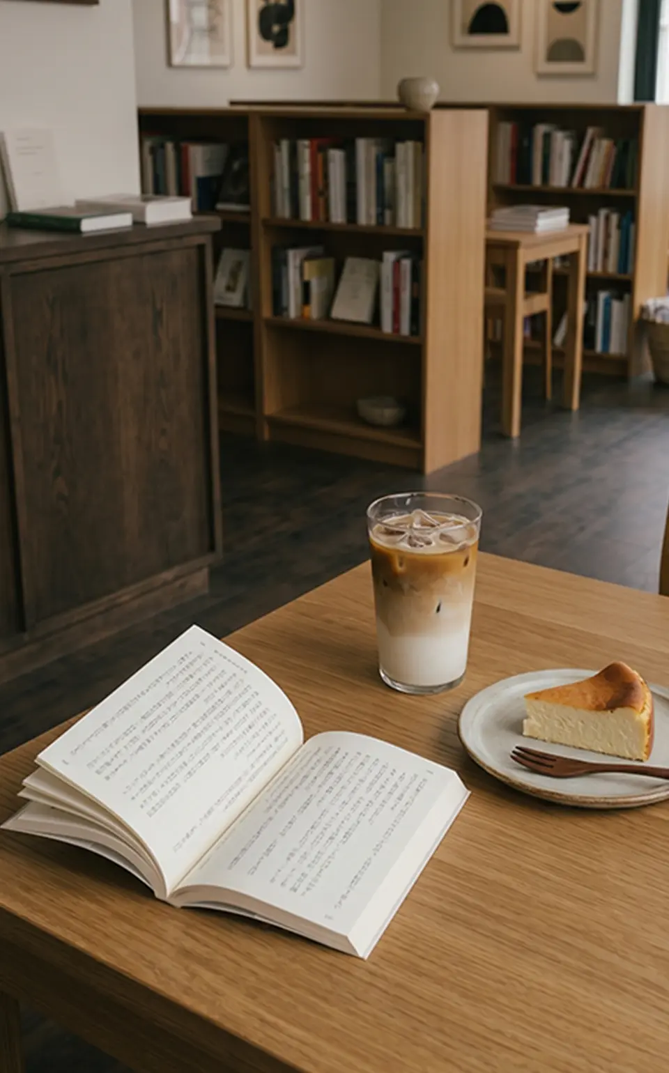 机の上に本とコーヒーとチーズケーキ