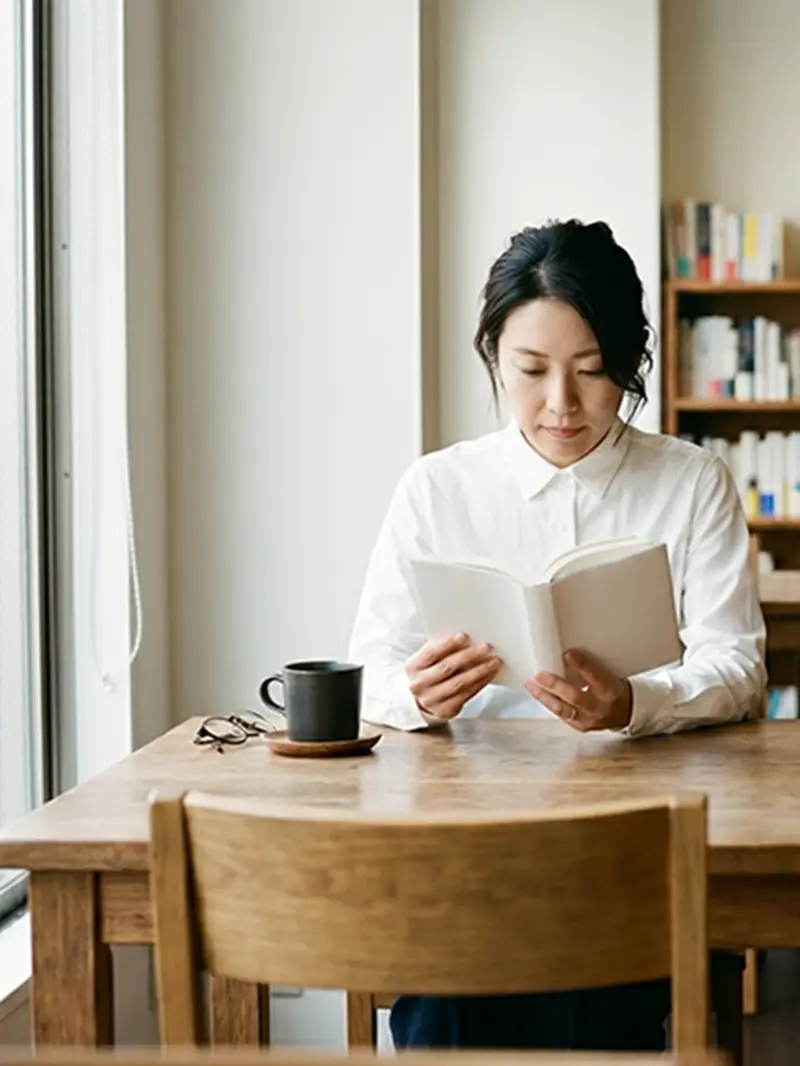 本とコーヒーを楽しむ女性