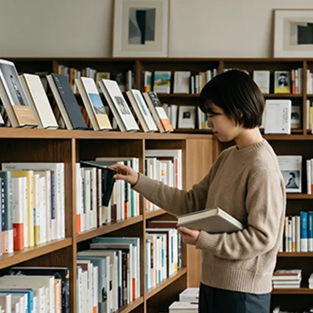 本棚で本を選んでいる女性